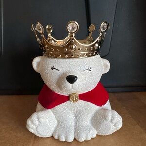 Bath & Body Works White Glitter Bear with Gold Crown and Red Cape Accent